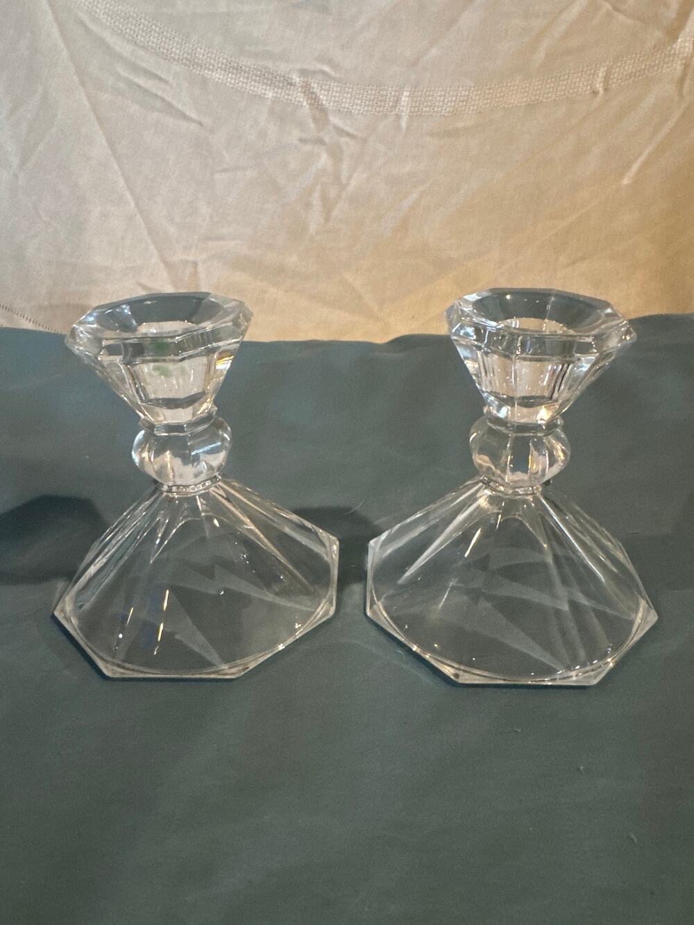Vintage St George 24% Lead Crystal Candlestick Holders Pair 4" Octagon Base